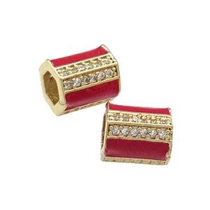 Copper Tube Beads Pave Zircon Red Enamel Large Hole Gold Plated, approx 7-8mm, 2.5mm hole
