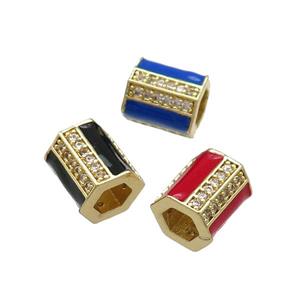 Mix Copper Tube Beads Pave Zircon Enamel Large Hole Gold Plated, approx 7-8mm, 2.5mm hole