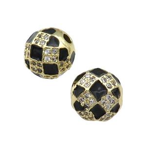 Round Copper Beads Pave Zircon Black Enamel Football Gold Plated, approx 10mm dia