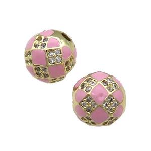 Round Copper Beads Pave Zircon Pink Enamel Football Gold Plated, approx 10mm dia