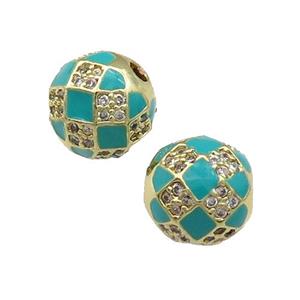Round Copper Beads Pave Zircon Teal Enamel Football Gold Plated, approx 10mm dia