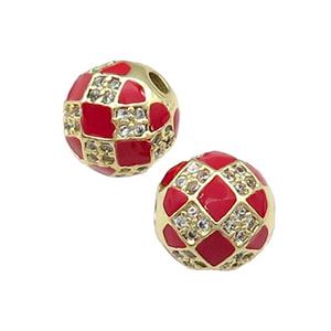 Round Copper Beads Pave Zircon Red Enamel Football Gold Plated, approx 10mm dia