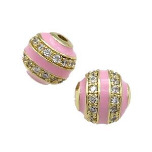 Copper Round Beads Pave Zircon Pink Enamel Gold Plated, approx 10mm dia