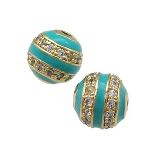 Copper Round Beads Pave Zircon Teal Enamel Gold Plated, approx 10mm dia