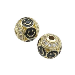 Copper Round Beads Pave Zircon Black Enamel Emoji Gold Plated, approx 10mm dia