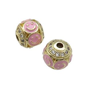 Copper Round Beads Pave Zircon Pink Enamel Emoji Gold Plated, approx 10mm dia