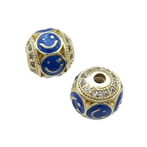 Copper Round Beads Pave Zircon Blue Enamel Emoji Gold Plated, approx 10mm dia