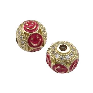 Copper Round Beads Pave Zircon Red Enamel Emoji Gold Plated, approx 10mm dia