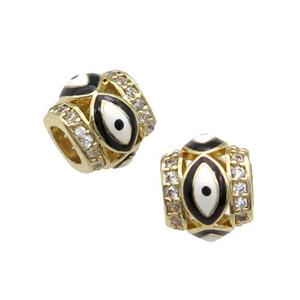 Copper Tube Beads Pave Zircon Black Enamel Evil Eye Large Hole Gold Plated, approx 9-10mm, 5mm hole