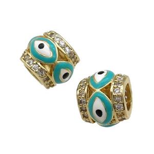 Copper Tube Beads Pave Zircon Green Enamel Evil Eye Large Hole Gold Plated, approx 9-10mm, 5mm hole