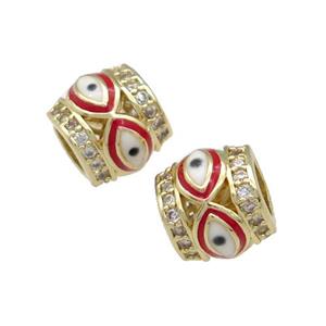 Copper Tube Beads Pave Zircon Red Enamel Evil Eye Large Hole Gold Plated, approx 9-10mm, 5mm hole