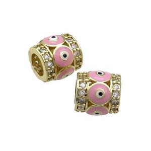 Copper Tube Beads Pave Zircon Pink Enamel Evil Eye Large Hole Gold Plated, approx 9-10mm, 5mm hole