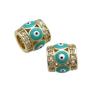 Copper Tube Beads Pave Zircon Teal Enamel Evil Eye Large Hole Gold Plated, approx 9-10mm, 5mm hole