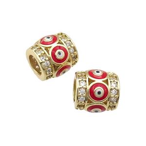 Copper Tube Beads Pave Zircon Red Enamel Evil Eye Large Hole Gold Plated, approx 9-10mm, 5mm hole