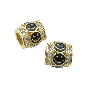Copper Tube Beads Pave Zircon Black Enamel Emoji Gold Plated, approx 9-10mm, 4mm hole