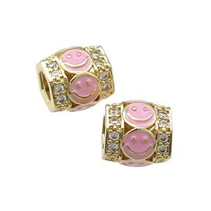 Copper Tube Beads Pave Zircon Pink Enamel Emoji Gold Plated, approx 9-10mm, 4mm hole