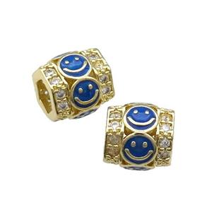 Copper Tube Beads Pave Zircon Blue Enamel Emoji Gold Plated, approx 9-10mm, 4mm hole