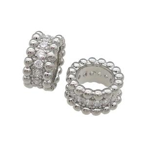 Copper Rondelle Spacer Beads Pave Zircon Large Hole Platinum Plated, approx 11mm, 7mm hole