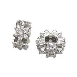 Copper Rondelle Spacer Beads Pave Zircon Large Hole Platinum Plated, approx 11.5mm, 4mm hole