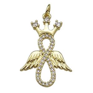 Copper Angel Wing Crown Pendant Pave Zircon Gold Plated, approx 18-25mm