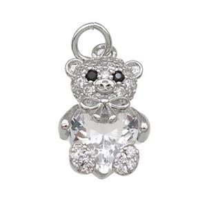 Copper Bear Charm Pendant Pave Zircon Platinum Plated, approx 10-15mm