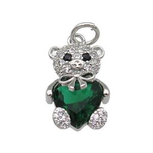 Copper Bear Charm Pendant Pave Zircon Green Platinum Plated, approx 10-15mm