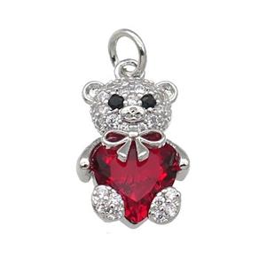 Copper Bear Charm Pendant Pave Zircon Red Platinum Plated, approx 10-15mm