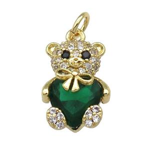Copper Bear Charm Pendant Pave Zircon Green Gold Plated, approx 10-15mm