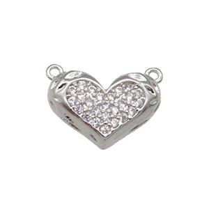 Copper Heart Pendant Pave Zircon with 2loops Platinum Plated, approx 10-14mm