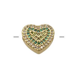 Copper Heart Beads Pave Green Zircon Gold Plated, approx 12-14mm