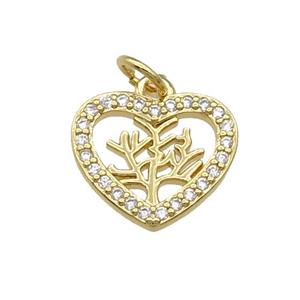 Copper Heart Tree Pendant Pave Zircon Gold Plated, approx 14mm