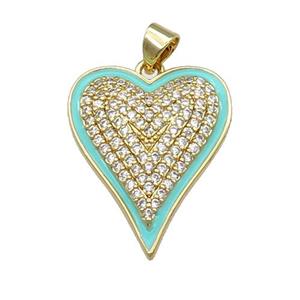 Copper Heart Pendant Pave Zircon Green Enamel Gold Plated, approx 20-25mm