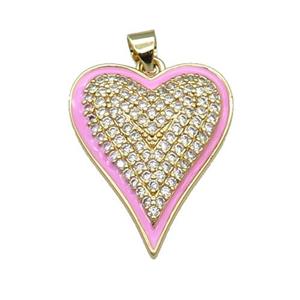 Copper Heart Pendant Pave Zircon Pink Enamel Gold Plated, approx 20-25mm