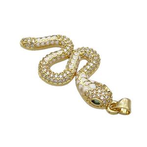 Copper Snake Charm Pendant Pave Zircon White Enamel Gold Plated, approx 18-35mm