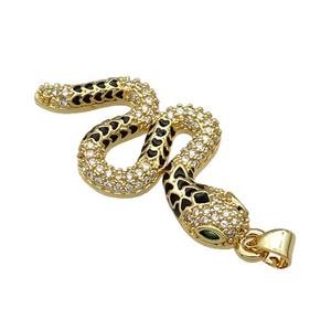 Copper Snake Charm Pendant Pave Zircon Black Enamel Gold Plated, approx 18-35mm