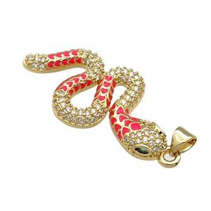 Copper Snake Charm Pendant Pave Zircon Red Enamel Gold Plated, approx 18-35mm