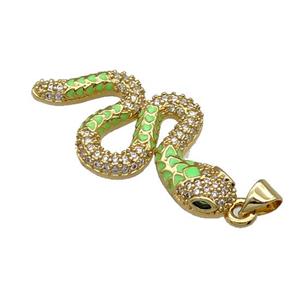 Copper Snake Charm Pendant Pave Zircon Green Enamel Gold Plated, approx 18-35mm