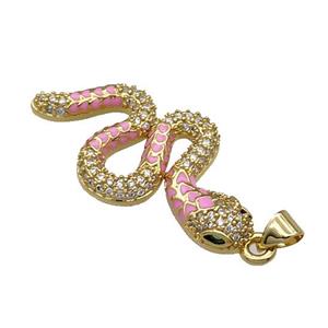 Copper Snake Charm Pendant Pave Zircon Pink Enamel Gold Plated, approx 18-35mm