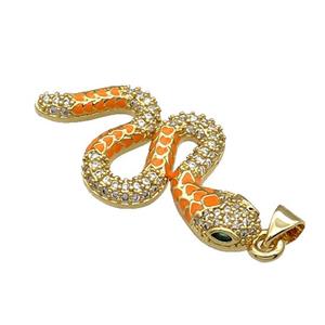 Copper Snake Charm Pendant Pave Zircon Orange Enamel Gold Plated, approx 18-35mm