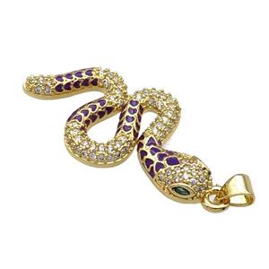 Copper Snake Charm Pendant Pave Zircon Purple Enamel Gold Plated, approx 18-35mm