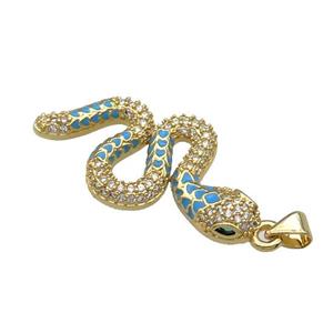 Copper Snake Charm Pendant Pave Zircon Teal Enamel Gold Plated, approx 18-35mm