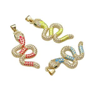 Copper Snake Charm Pendant Pave Zircon Enamel Gold Plated Mixed, approx 18-35mm