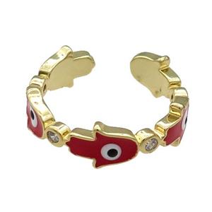 Copper Hamsahand Ring Red Enamel Evil Eye Gold Plated, approx 6.5mm, 18mm dia