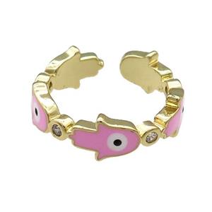 Copper Hamsahand Ring Pink Enamel Evil Eye Gold Plated, approx 6.5mm, 18mm dia