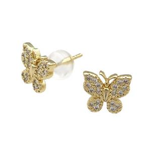 Copper Butterfly Stud Earring Pave Zircon Gold Plated, approx 8mm
