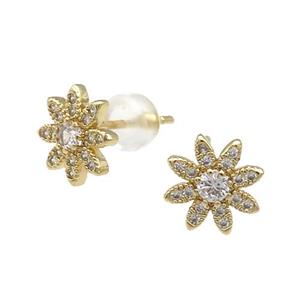 Copper Daisy Stud Earring Flower Pave Zircon Gold Plated, approx 9mm