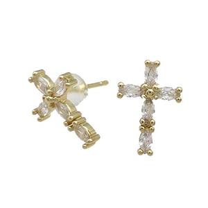 Copper Cross Stud Earring Pave Zircon Gold Plated, approx 9-14mm
