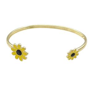 Copper Bangle Yellow Daisy Enamel Flower Gold Plated, approx 12mm, 16mm, 45-60mm