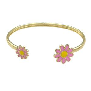 Copper Bangle Pink Daisy Enamel Flower Gold Plated, approx 12mm, 16mm, 45-60mm