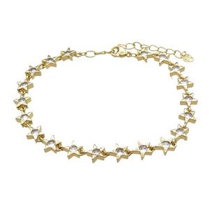Copper Star Bracelet Pave Zircon Gold Plated, approx 7mm, 17-22cm length